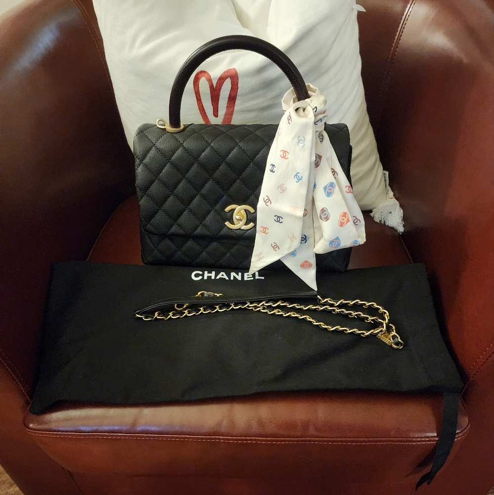 Chanel Black Caviar Lizard Coco Handle Small Flap Bag